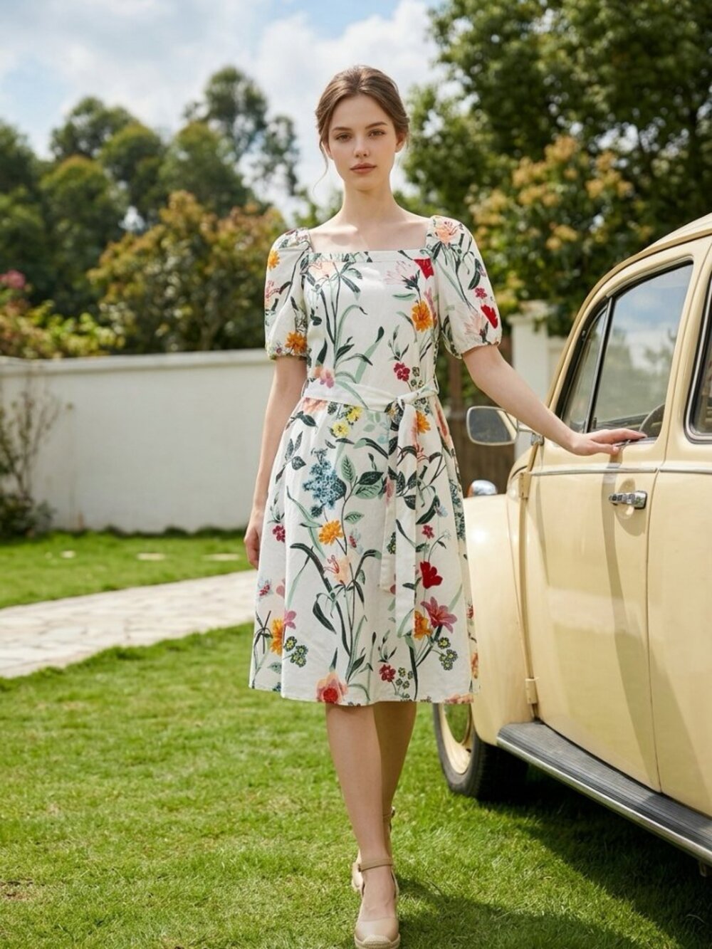 LOFT Floral Linen Blend Puff Sleeve Tie Waist Dress Size 2 Cottagecore
